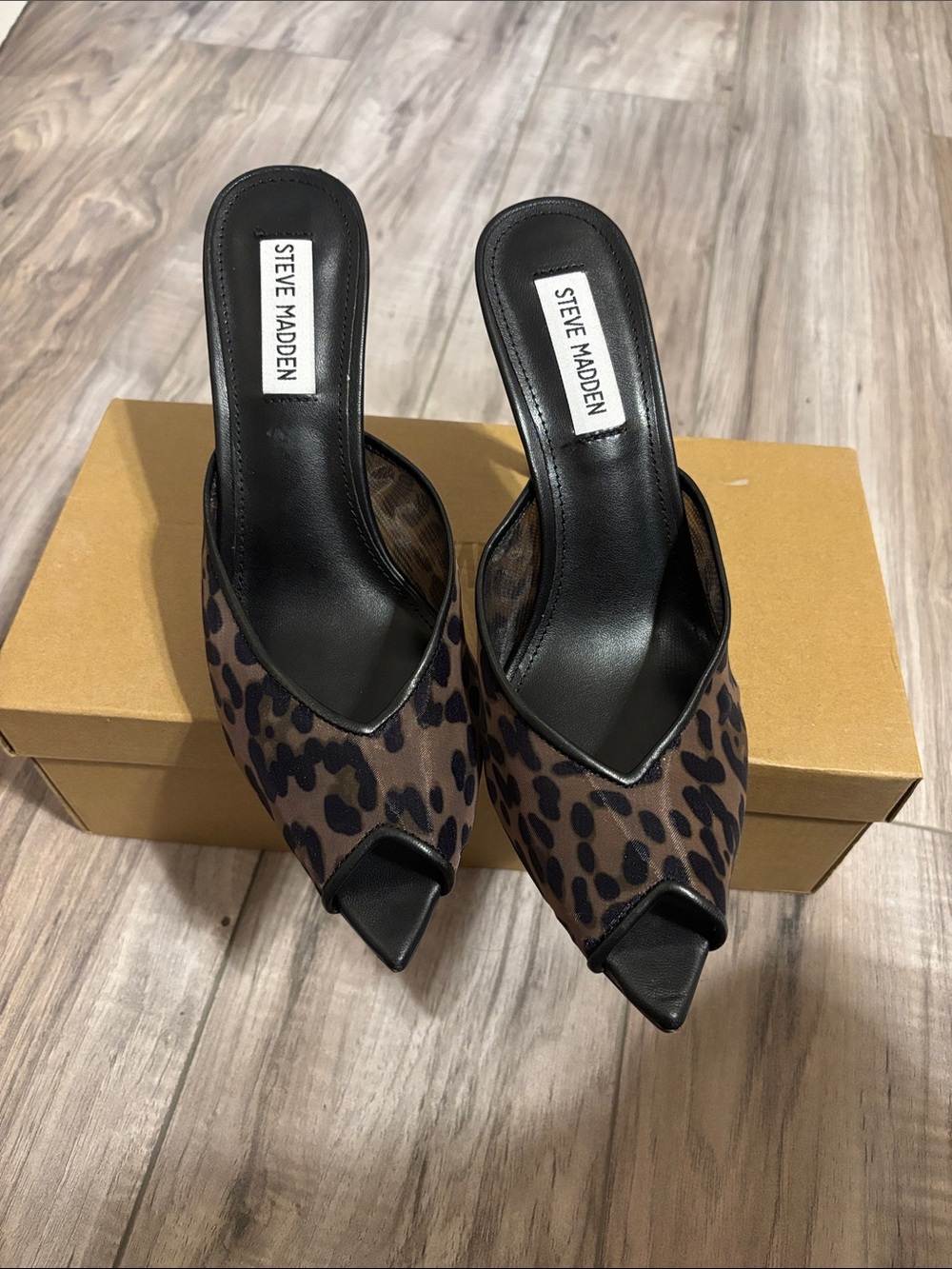 Steve Madden Leopard-Print Pointed Toe Mules with Black Trim